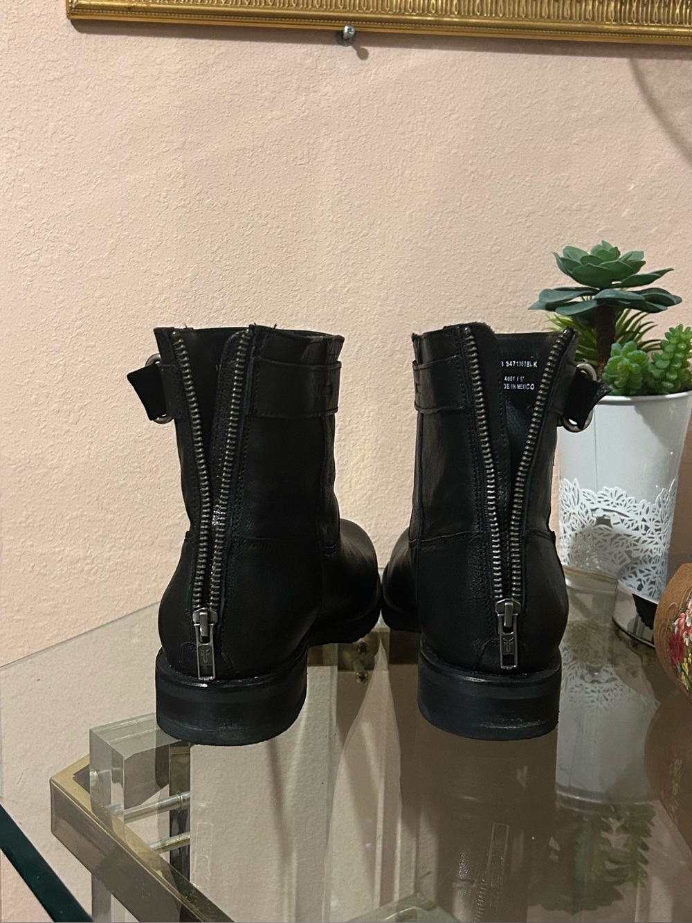 Frye Veronica Strap Zip Black Leather Combat Moto Boots with Back Zipper Size 9